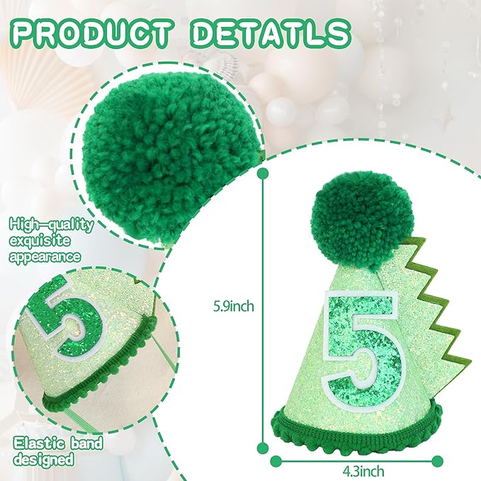 Green Glitter Dinosaur Birthday Cone Hat for 1-5 Years Old Kids Boys Dino Dinousour Birthday Hat Party Decoration