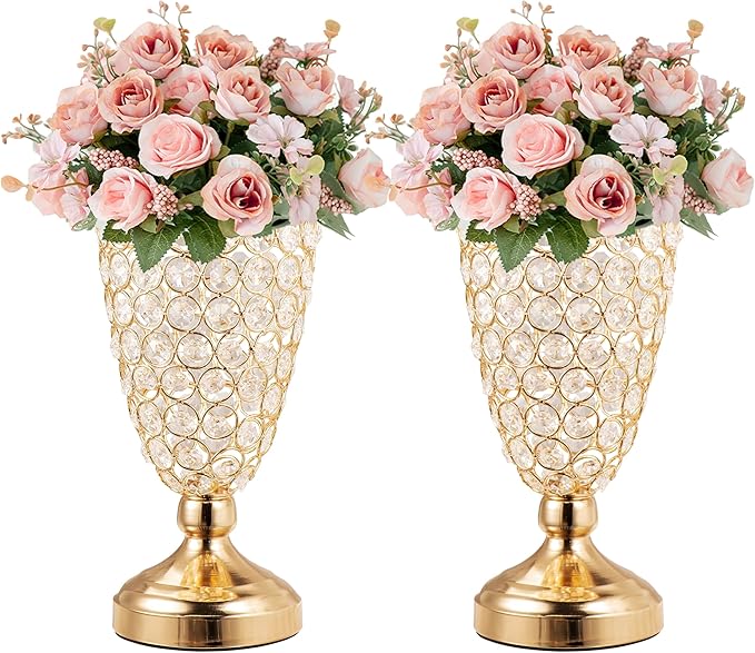 Gold Crystal Trumpet Floral Vase -2 Pcs Centerpieces for Wedding Table, 10.6" Wrought Iron Crystal Vase, Flower Vases for Party Dinner Centerpiece Event, Anniversary Ceremony Birthday Home Decoration