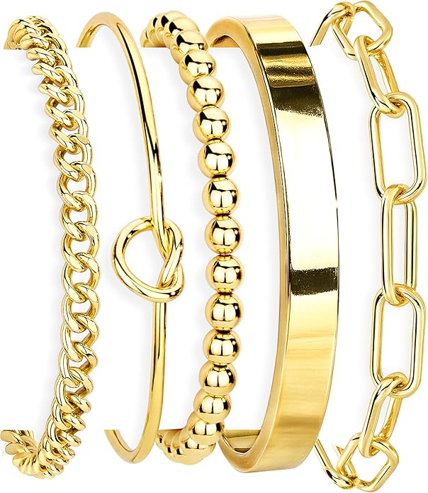 Gold Bracelets Set for Women Non Tarnish, 14K Gold Plated Sterling Silver Chunky Cuff Bracelet Stackable Gold Bangles Bracelet for Women Trendy Fashion Accessories Tie Knot Cuban Rope Paperclip Beaded Bracelet Stack Jewelry Valentines Day Gifts