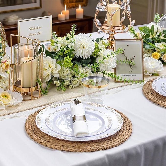 U-QE 350PCS Gold Plastic Plates - Disposable Dinnerware Set for 50 Guests - White and Gold Plates and Napkins Party Supplies include 100 Plate, 150 Silverware, 50 Cups, 50 Napkins for Weddings&Party