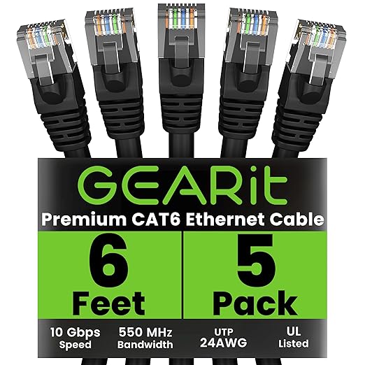 GEARit Cat 6 Ethernet Cable Pack - 5-Pack 6 ft Cat6 Ethernet Patch Cables | RJ45 Network Patch Cable, 10 Gbps Snagless Gold-Plated Connectors - Ethernet Cable Cat 6 for PC, TV, Router - Black