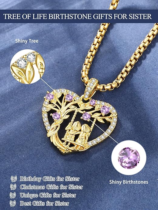 14K Gold Tree of Life Necklace for Sister Christmas Gifts from Sister,Heart Jewelry with Birthstone Pendant for Women Female Friendship Forever My Friend