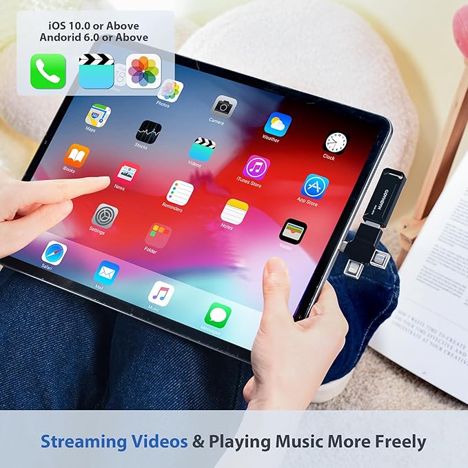 Auto Backup All Devices Photo Stick 128GB Real Capacity, iPhone USB Flash Drive & Backup Storage Memory Stick for Photos, Videos & Contacts, 4-in-1 Thumb Drive for iPhone, iPad, Android, PC, Tablets