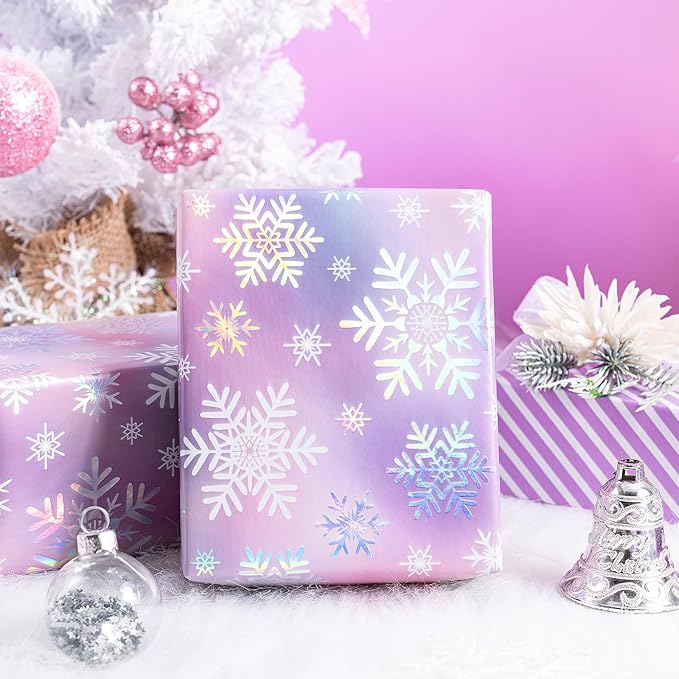 RUSPEPA Christmas Reversible Wrapping Paper Roll for Girls, Mini Roll, Colorful Foil Pastel Snowflake Design and Purple Stripes Dreamy Gift Wrap for Christmas Gifts, Holiday, 17 Inches x 32.8 Feet