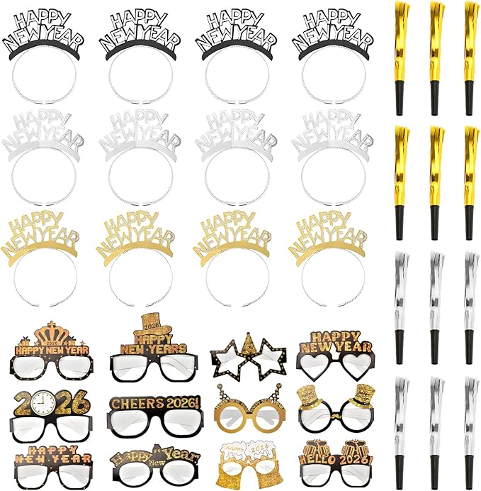 36Pcs 2026 New Year Eve Party Supplies,Happy Next Year Headband Tiara,News Year Eyeglasses Prop,Fringed Noise Makers for 2026 New Years Party Favors