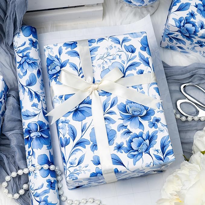 MAYPLUSS Blue Floral Wrapping Paper Roll - 17 Inch x 33 Feet, Blue White Flower Design Gift Wrap for Mother’s Day, Wedding, Bridal Shower, Birthday
