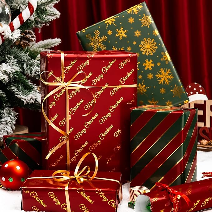 MAYPLUSS Shiny Christmas Wrapping Paper - 17In x 120In Per Roll - Classic Red & Green Stripe, Forest Green & Gold Snowflake, Red & Gold Merry Christmas Text Design Gift Wrap Paper for Holiday, Party