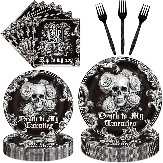 96Pcs Death to My 20s Decorations Disposable Tableware Set - RIP to My 20s Birthday Paper Plates Napkins Forks Dirty 30 Birthday Decorations for Her Him Party Supplies Serve 24 Guests