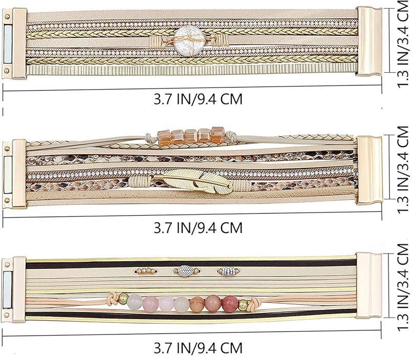 Wowanoo 3Pack Leather Cuff Bracelet Set Multilayer Wrap Bracelet Crystal Feather Tree Bracelet Magnetic Clasp Bracelet for Women