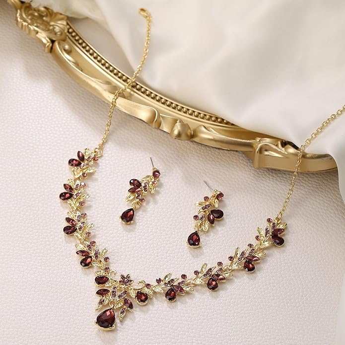 BriLove Women's Wedding Jewelery Set Leaf Flower Crystal Teardrop Marquise Cluster Pendant Necklace Dangle Earrings for Bridal Party