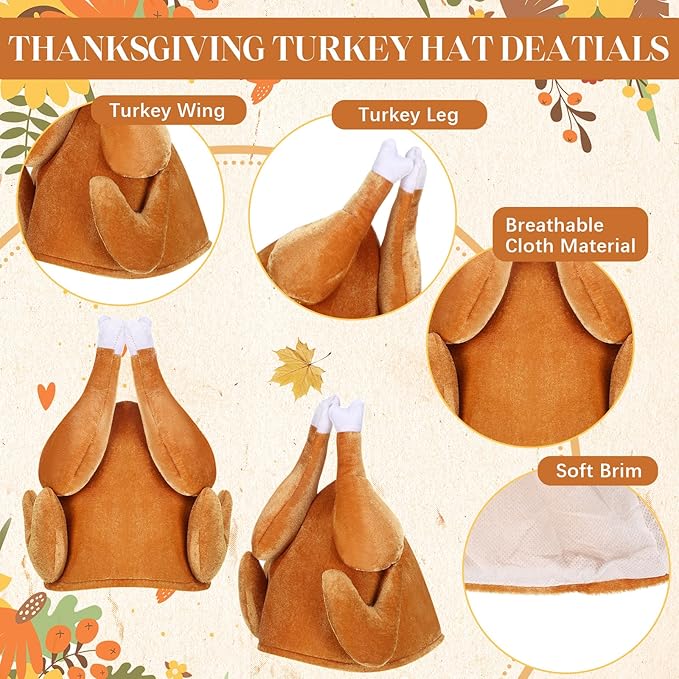Hanaive 10 Pieces Thanksgiving Turkey Hats Bulk for Adults Turkey Costume for Dress-up Party Plush Turkey Hat Party Supplies