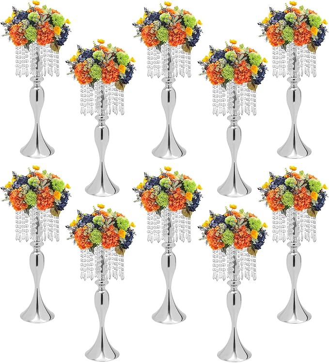 Wedding Centerpieces Gold Vases,10PCS Metal Flower Candle Holder with Sparkling Crystal Beads,Crystal Flower Vase Metal Flowers Stand for Party Tables Decorations (10PCS-Sliver-17cm)