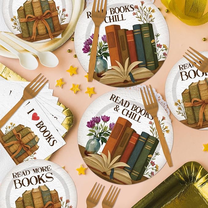 96 Pcs Vintage Book Theme Decoration Disposable Tableware Set - Book Club Birthday Party Paper Plates Napkins Forks Library Reading Birthday Baby Shower Party Supplies for Serve 24 Guests