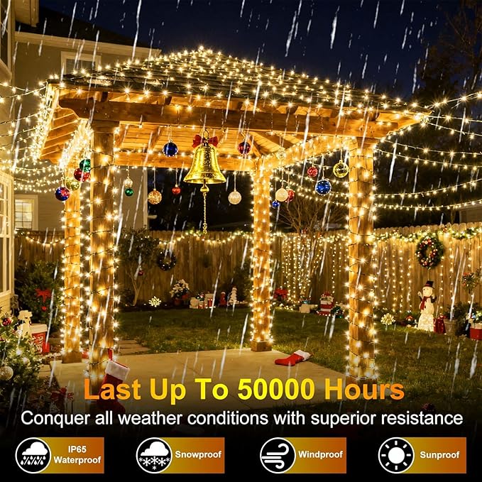 340 LED 90FT Christmas String Lights Outdoor, 12 Pro Modes and Timer Memory & Brightness, Plug in Waterproof Dark Green Wire Twinkle Light for for Xmas Yard Tree Wedding Party Decor (Warm White)