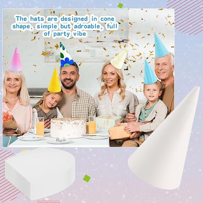 60 Pieces White Party Cone Hats Plain Birthday Paper Cone Hats with Elastic Rope for DIY Craft Birthday Thanksgiving New Year Party Supplies