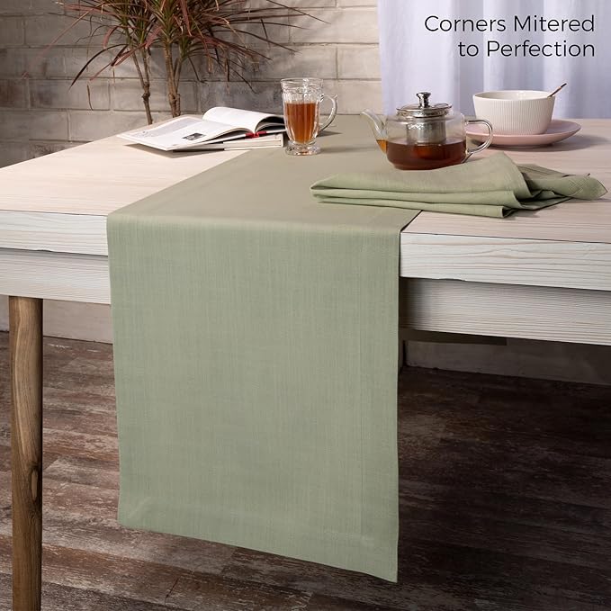 D'Moksha Homes Sage Green Table Runner 14 x 108 Inch - Faux Linen Table Runner 108 Inches Long - Wrinkle Resistant, Machine Washable for Fall, Thanksgiving, Christmas, Holiday - 100% Recycled Fabric