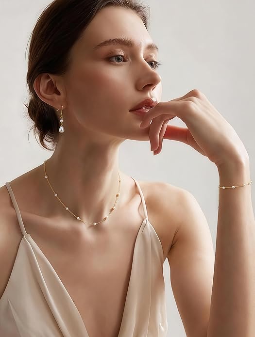 YADOCA Gold Jewelry Set for Women - 16K Gold Plated Pearl Necklace and Earring Set With Drop Earrings,Charm Layered Necklace,Adjustable Bracelets - Dainty Women's Pearl Jewelry Set For Wedding Gifts