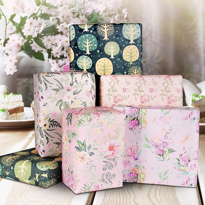 Wrapping Paper with Pastel Purple Pink Green Floral Making,Gift Wrapping Paper Set for Women Girl Baby,Birthday Wrap Birthday Paper with Tags Ribbon,Baby Shower wrap