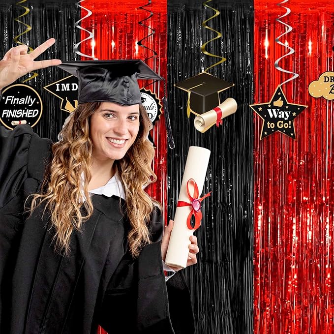 3 Pack Black and Red Foil Fringe Curtains Backdrop, 3.28 x 8.2 Ft Metallic Streamers Tinsel Curtains Background for Photo Booth, Birthday, Halloween, Christmas, New Year Party Decorations
