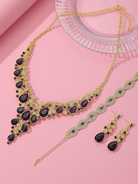 Wedding Bridal Bridesmaid Austrian Crystal Rhinestone Jewelry Sets Statement Choker Necklace Earrings Bracelets Sets for Wedding Party Prom