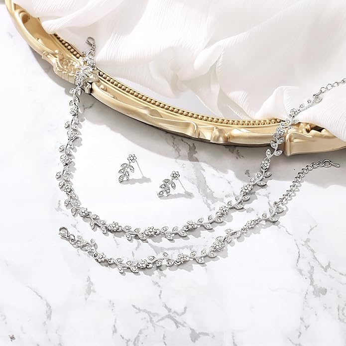 BriLove Wedding Jewelry Set for Women Bride, Gorgeous Stunning Crystal Flower Leaf Cluster Choker Necklace Link Bracelet Stud Earrings Bridal Bridesmaid