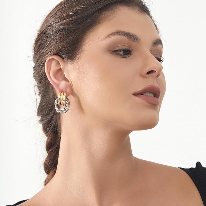 Mixed Color Plated Chunky Knot Link L Size Earrings for Women Geometric Drop Dangle Earrings Studs for Women