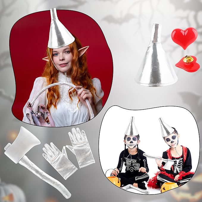 4 Pcs Silver Axe Funnel Hat Set with Heart Brooch Silvery Gloves Metallic Wizard Costume Accessories for Halloween Cosplay Party