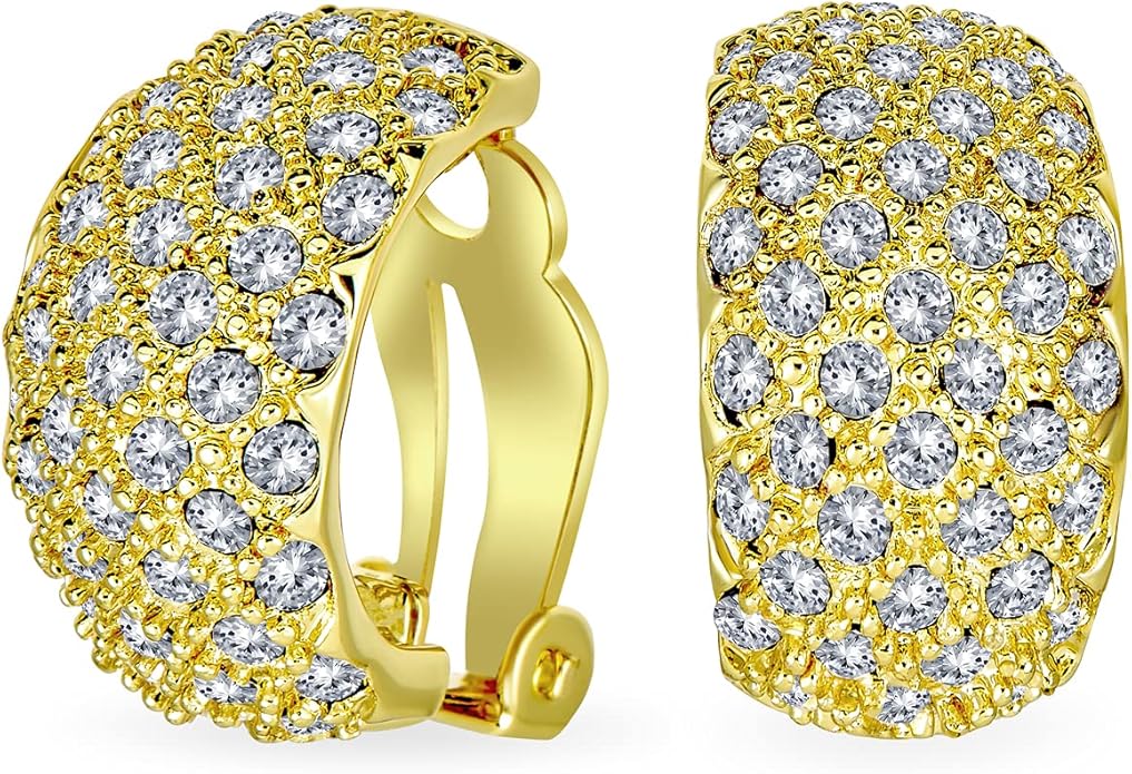 Fashion Bridal Wedding 3 Row Pave Crystal Dome Endless Hinged Huggie Hoop Clip On Earrings For Women Non Pierced Ears Yellow Gold Silver Plated
