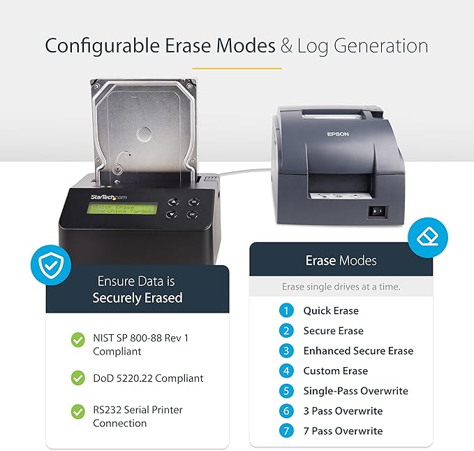 StarTech.com Single Bay SSD/HDD Hard Drive Eraser, 2.5/3.5" SATA, Hostless Standalone Secure Erase, Disk Sanitizer, Hardware Wiper Erasing Tool, 9 Modes, Printer Port, NIST/DOD, LCD, TAA (SDOCK1EU3P)