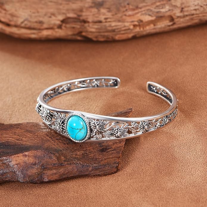 Genuine Turquoise Cuff Bracelet for Women, Sterling Silver Western Vintage Floral Bangle Native American Jewelry, For 6.5-7.5 Inch Wrists