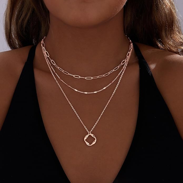 Layered Gold Necklaces for Women, Stackable Dainty 14K Gold Silver Plated Trendy Simple Heart Diamond Cross Bow Circle Pendant Paperclip Choker Dot Chain Necklace,Jewelry Set Gifts for Women