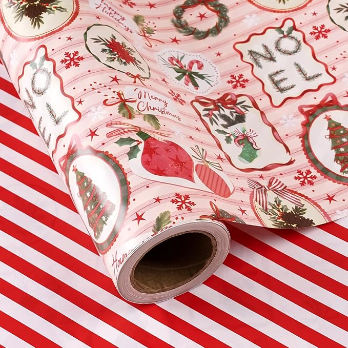 WRAPAHOLIC Reversible Christmas Wrapping Paper - Mini Roll - 17 Inch x 33 Feet - Pink & Red Classic Christmas Decor and Stripes Wrapping Paper for Xmas Holiday, Party Celebration