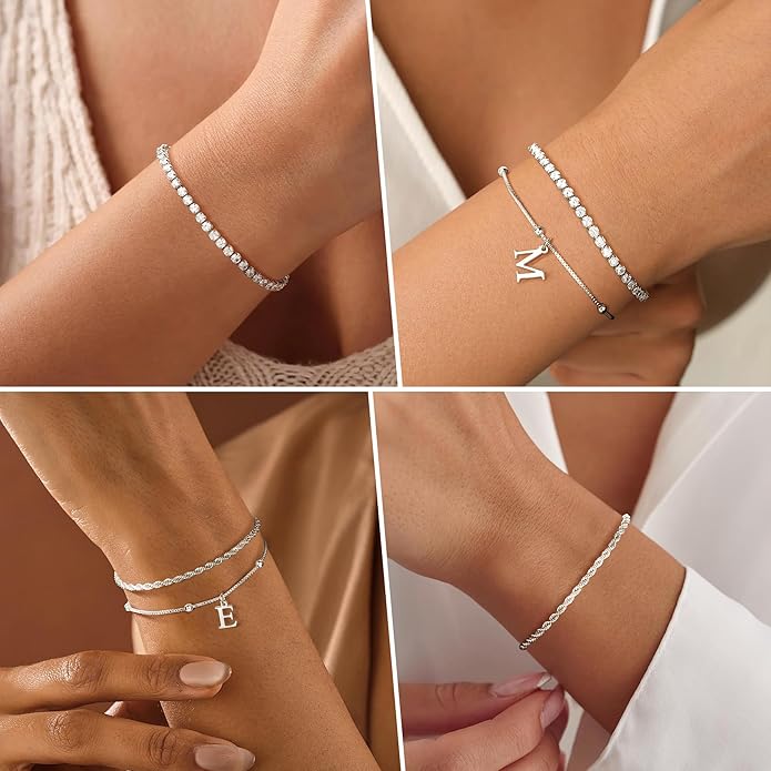 Valentines Day Gifts for Her Kids - Dainty Gold Bracelets for Women Personalized Gold/Silver Initial Bracelet Stack Stackable Rope Box Chain Tennis Bracelets for Girls Jewelry Set