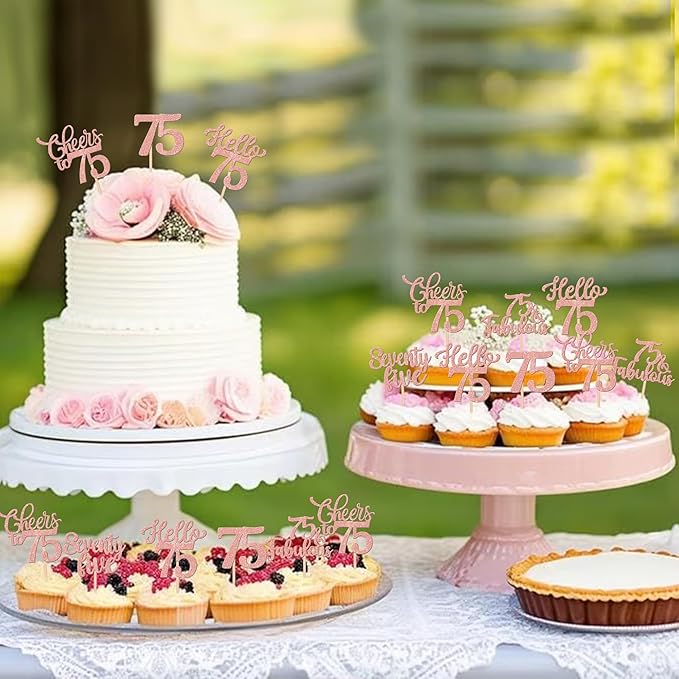 30PCS Happy 75th Birthday Cupcake Toppers Glitter Hello 75 Fabulous Seventy Five Cheers to 75 Years Old Birthday Cupcake Picks for Happy 75th Birthday Anniversary Party Cake Decor Supplies Rose Gold