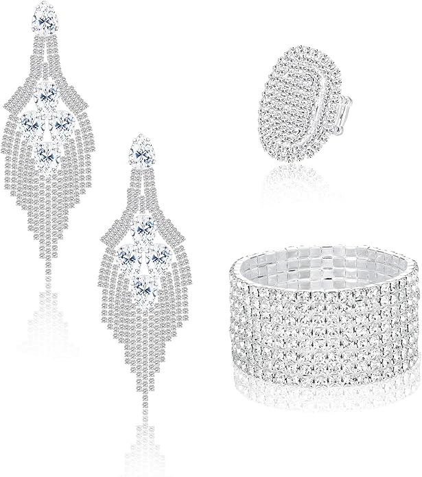 Sllaiss Rhinestone Bridal Jewelry Set for Women Sparkling Rhinestone Stretch Bracelet Ring Dangle Tassel Earrings Set Costume Jewelry