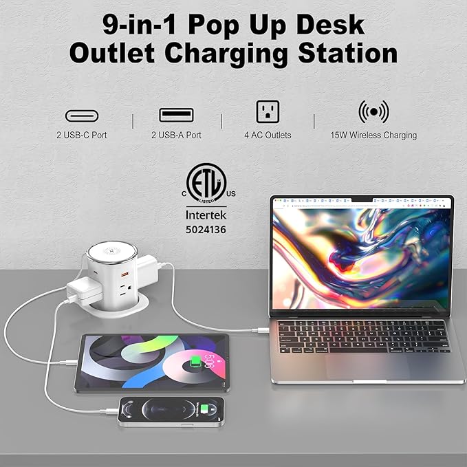 Jgstkcity Pop Up Countertop Outlet with 15W Wireless Charger,20W USB C Ports,Flush Mount Tamper Resistant,Recessed Grommet Receptacle,4 USB 4 Outlets,15A,1875W,ETL Listed,3.15in Hole,White