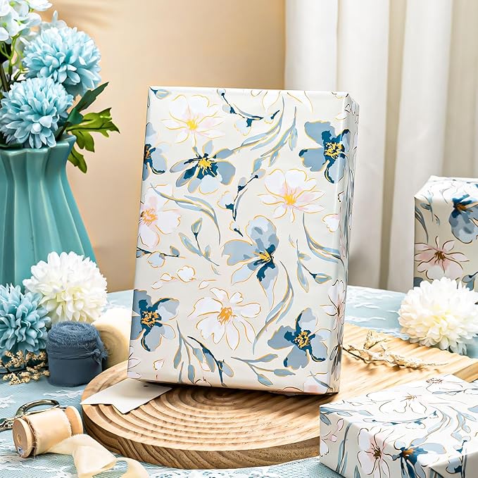 MIMUTI Blue and White Floral Wrapping Paper - 17 in x 33 ft - Gift Wrap with Watercolor Flowers, Branches and Leaves - Perfect for Wedding, Bridal Shower, Mother's Day, Valentine's Day