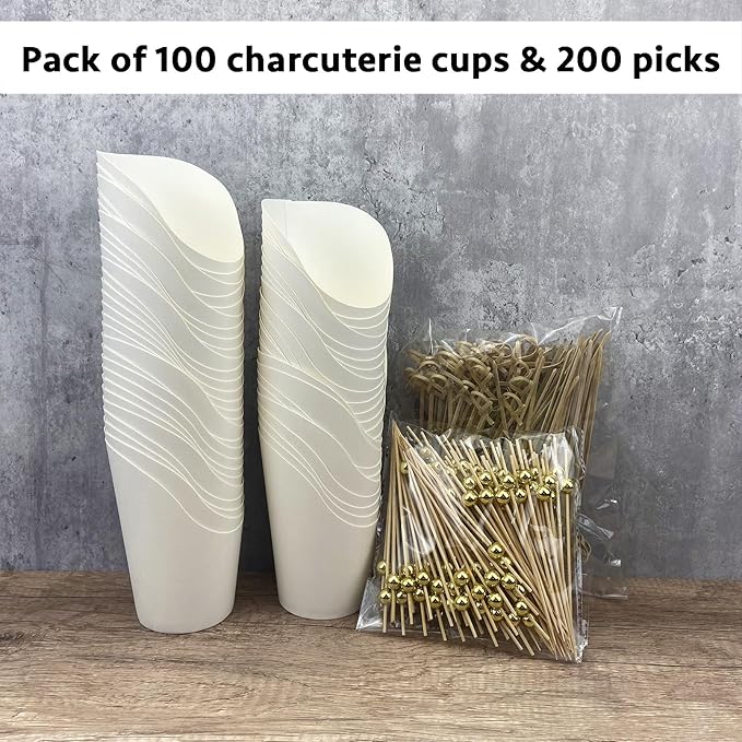 CAMKYDE 14 oz Disposable Charcuterie Cups with Sticks (100 Cups + 200 Picks, White)