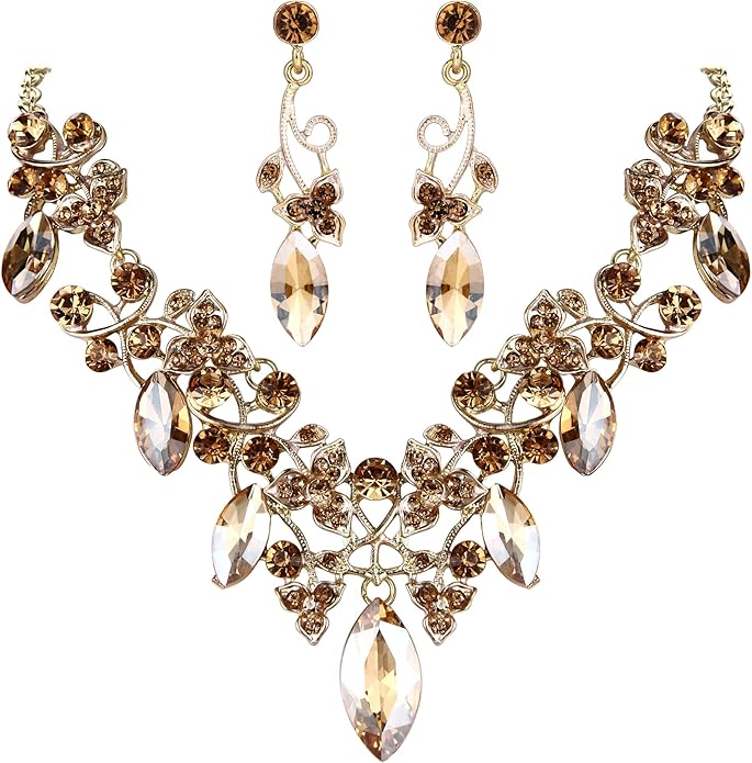 BriLove Women's Costume Fashion Crystal Floral Vine Leaf Statement Necklace Dangle Earrings Set