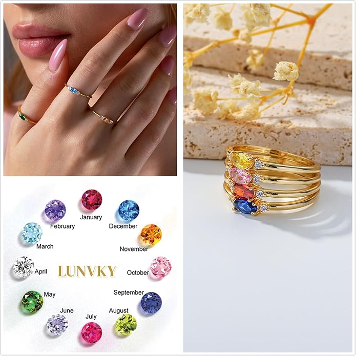 14k Gold Plated Birthstone Rings for Women Dainty Stackable Rings Non Tarnish Thumb CZ Emerald Green Gemstone Ring Cute Jewelry Birthday Valentine Gift for Mother Daughter Band Size 6-11