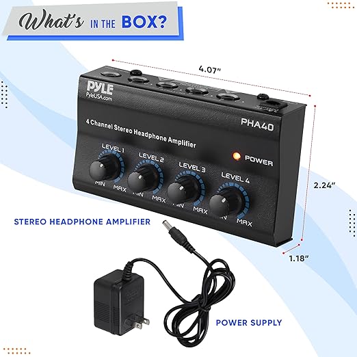 Pyle 4-Channel Portable Stereo Headphone Amplifier - Professional Multi Channel Mini Earphone Splitter Amp w/ 4 ¼” Balanced TRS Headphones Output Jack and 1/4" TRS Audio Input For Sound Mixer
