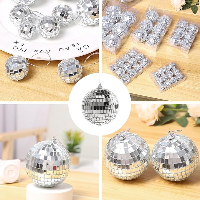 26 Pack Disco Ball Decorations Set - 24 Mirror Mini Glass Hanging Disco Balls (3 Sizes) & 2 Silver Foil Curtains for Party Wedding Dance DJ Stage Music Festival Christmas Birthday Club Decor