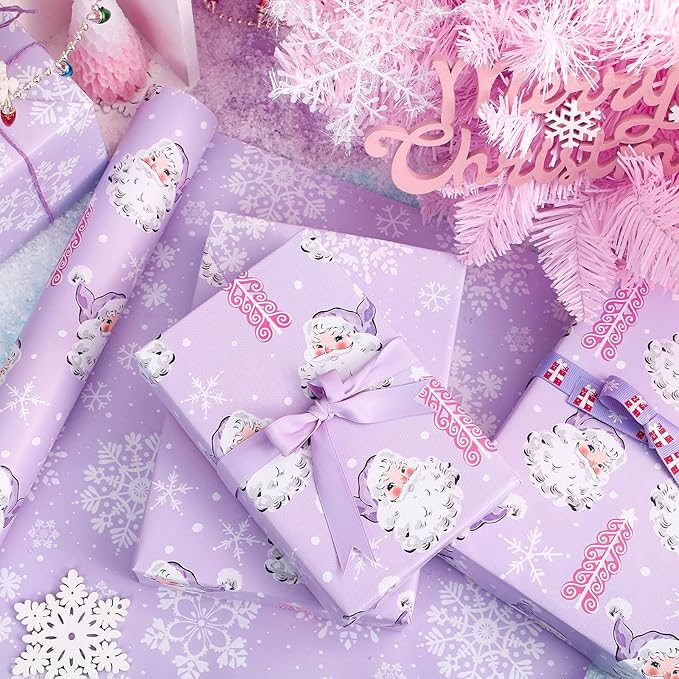 WRAPAHOLIC 30 Inch Jumbo Reversible Christmas Wrapping Paper - 30 Inch x 33 Feet - Purple Santa Claus and Snowflake with Embossed for Christmas, Holiday, Party Celebration
