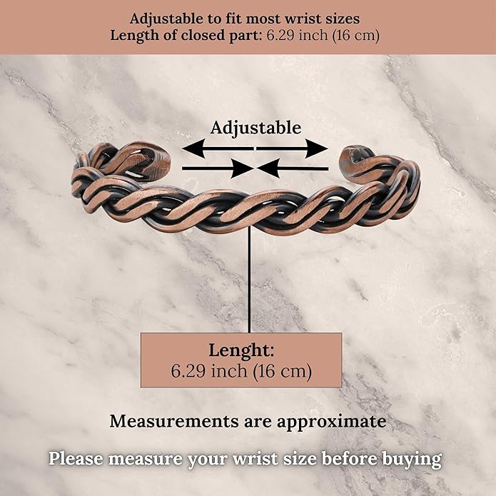 Handmade Elegant Copper Bracelet for Women and Men-Pure Copper Bracelet for Pain Relief and Stress Relief-Adjustable, Thickest, Twisted Copper Wire Bracelet to Fit many Size Wrist(folded)