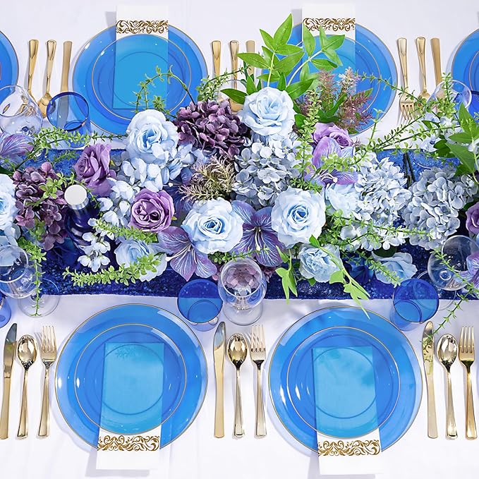 YOUBET 175PCS Clear Blue Plastic Plates - Blue and Gold Disposable Plates Include 50 Plate, 75 Silverware, 25 Cups, 25 Napkins for Wedding & Party