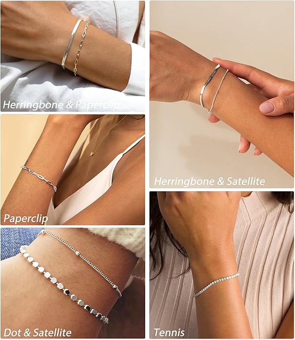 DEARMAY Dainty Silver Plated Bracelets for Women Trendy, Silver Jewelry Set for Women Bracelets for Women Paperclip Box Herringbone Figaro Rope Chain Bracelet Fashion Pack Gifts for Women