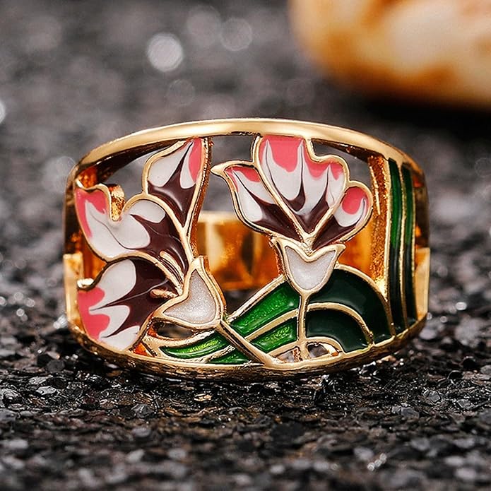 Women Tree of Life Lucky Flower Wide Band Ring Gold Pink Opal Green Enamel Resin Plated Dainty Tree Rhinestone Statement Thumb Index Full Finger Chunky Ring Party Crystal Vintage Jewelry