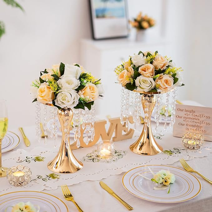 Gold Vases for Centerpieces, 10.2in Crystal Flower Arrangement Stand, Wedding Centerpieces for Tables, Tall Metal Flower Vase Holders for Wedding, Event, Reception, Birthday, Home Decor, 10 Pcs