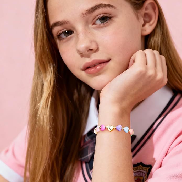 Valentines Day Gifts for Kids Women Girls, Initial Heart Bracelets for Teen Girls Young Women Bulk, Cute Preppy Letter A-Z Charm Bracelet, Personalized Happy 3-18 Year Old Birthday Gifts for Daughter, Lover, Sisters, Toddler