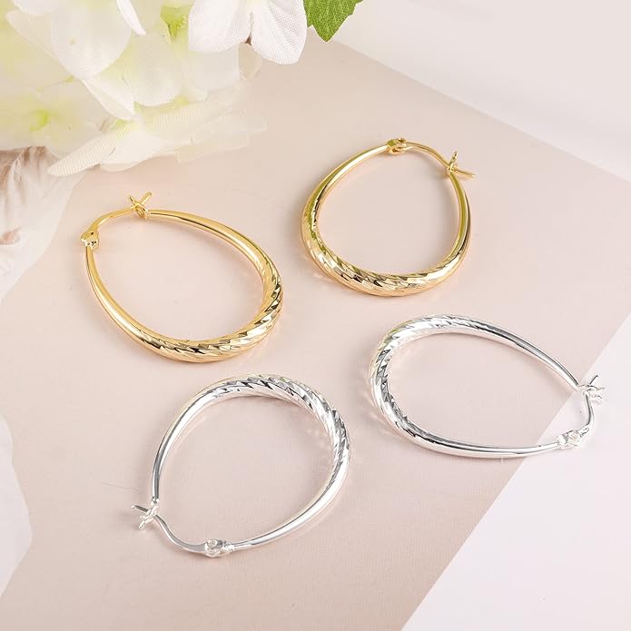 Silver Oval Hoop Earrings Hypoallergenic 14K Gold Plated Sterling Silver Lightweight Oval Hoop Earrings for Women Gilrs